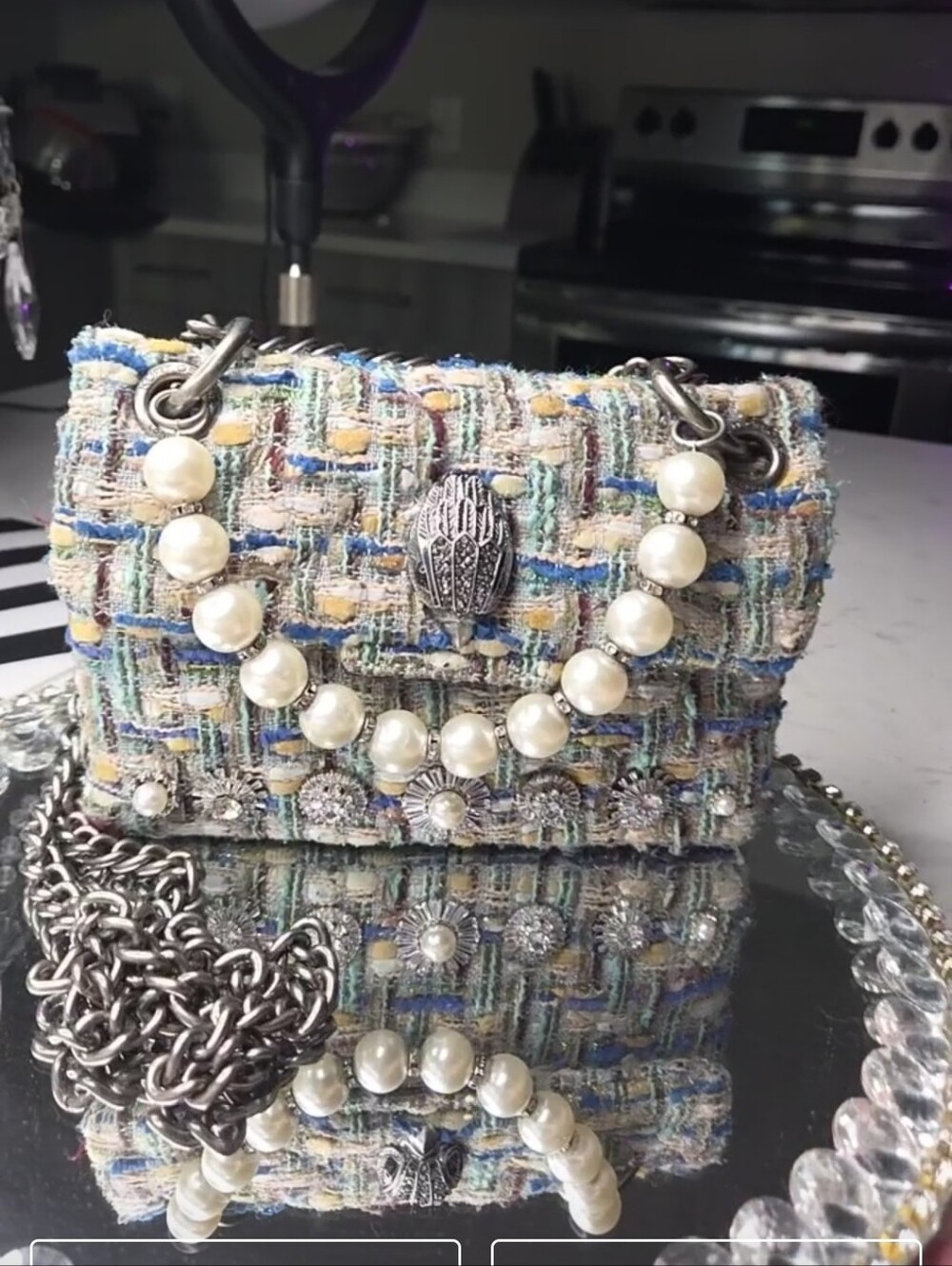 Kurt Geiger Nwot Rare Crystal Pearl Mini Kensington Tweed Crossbody Bag